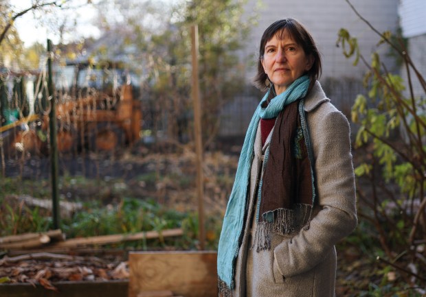 Shari Stone-Mediatore, a philosophy professor at Ohio Wesleyan University, stands outside of her home in Logan Square on Nov. 26, 2024. Stone-Mediatore is a friend of Joe Dole, an incarcerated person who was recently moved from Stateville Correctional Center to Pinckneyville Correctional Center. (Eileen T. Meslar/Chicago Tribune)