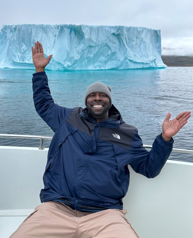 Dominic Brown, a food and travel blogger, enjoys an Iceberg Quest Tour in Qaqortoq, Greenland, during a transatlantic cruise in September 2024. (TallTravelEats)