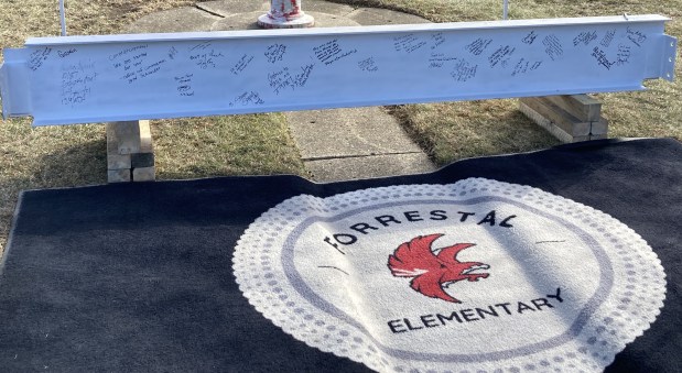 This ceremonial construction beam will be placed near the entrance to Forestal Elementary School in North Chicago. (Steve Sadin/For the Lake County News-Sun)