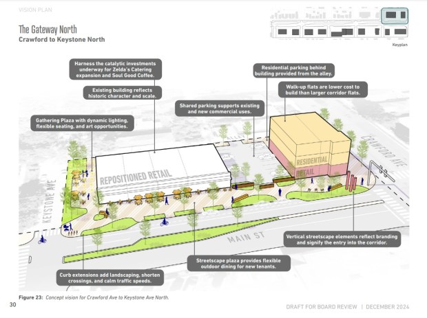 A rendering of the future entry way to a redeveloped Main Street between Crawford Avenue and Tripp Avenue. The village conducted a study that looked at the area's existing infrastructure and received community feedback to envision a redeveloped Main Street to include more retail, housing and gathering spaces. (Village of Skokie)