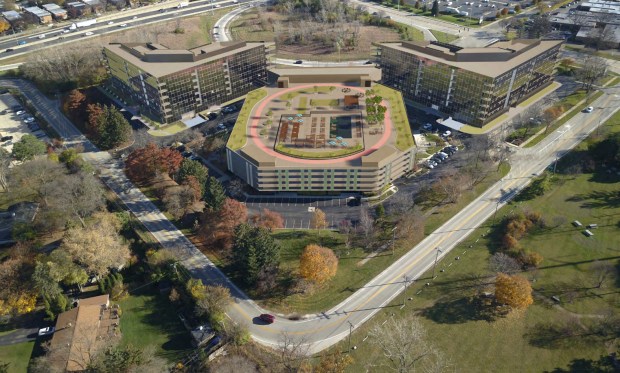 The village of Skokie on April 1, 2024, approve a development project that will convert two seven-story office towers to 245 residential apartments. This rendering shows what it could look like.