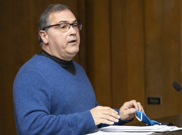 Lake County Republican Party chair and county councilman Dan Dernulc, R-Highland, speaks during a meeting to discuss new boundaries for Lake County council and commissioner seats on Friday, Dec. 10, 2021 at the Lake County Government Center. Dernulc recently resigned his county council seat after he was elected to the State Senate. A Republican caucus will fill the remainder of his term on Thursday. (Michael Gard/Post-Tribune)