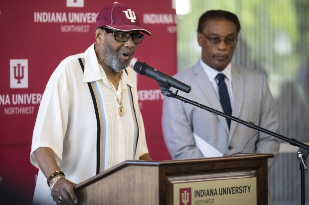 Gary Sports Hall of Fame Committee Chairman Earl Smith speaks during a press conference announcing the organization's "Wall of Fame" at the Indiana University Northwest Arts and Sciences building on Wednesday, June 29, 2022. (Kyle Telechan for the Post-Tribune)