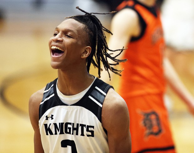 Kaneland's Isaiah Gipson (2) reacts to the Knight's win over rival DeKalb in Maple Park on Tuesday, Jan. 28, 2025.H. Rick Bamman / For the Beacon News