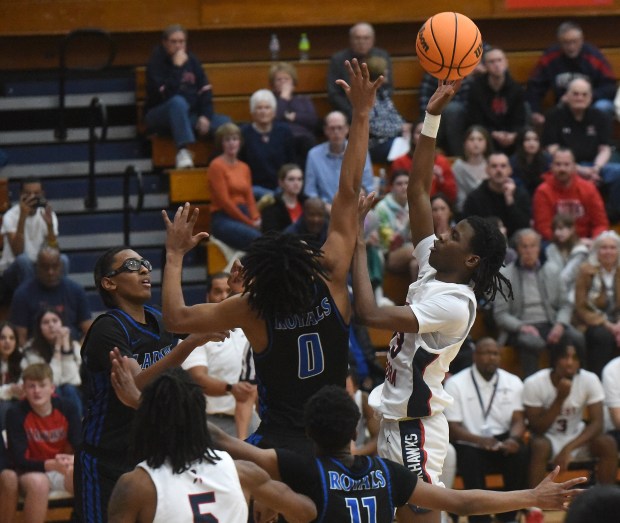 West Aurora's Jaden Thomas (23) drives down the lane against Larkin during an Upstate Eight Conference game Thursday, Jan. 30, 2025 in Aurora, IL. (Steve Johnston/for The Beacon-News)