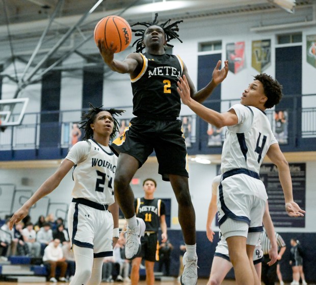 Metea Valley's Khalil Jones (2) takes a shot against Oswego East during a game at Oswego on Wednesday, Jan. 15, 2025. (Mark Black / for the Beacon-News)