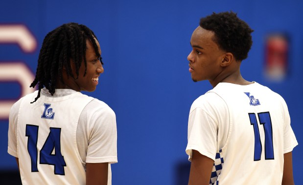 Larkin's Justin Simmons (14) and Josh Hibbett (11) discuss play after a time out in the fourth quarter during a Upstate Eight Conference game against South Elgin in Elgin on Friday, Jan. 24, 2025.(H. Rick Bamman/for the Beacon-News)