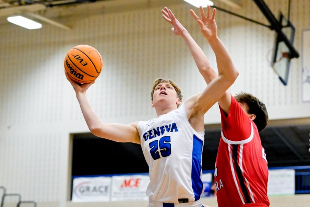 Geneva's Hudson Kirby (25) takes a shot against West Aurora during a game in Geneva on Monday, Jan. 20, 2025. (Mark Black / for the Beacon-News)