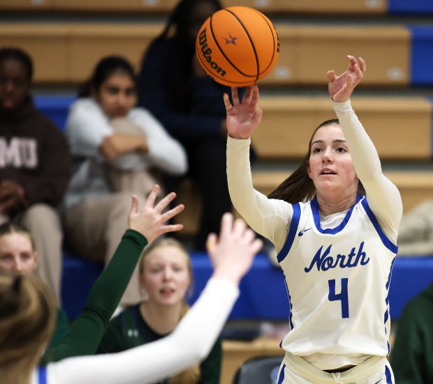 St. Charles North's Hannah Ganser (4) has a shot roll off her finger tips against Bartlett in the second quarter during a non conference game in St. Charles on Wednesday, Jan. 15, 2025.H. Rick Bamman / For the Beacon News