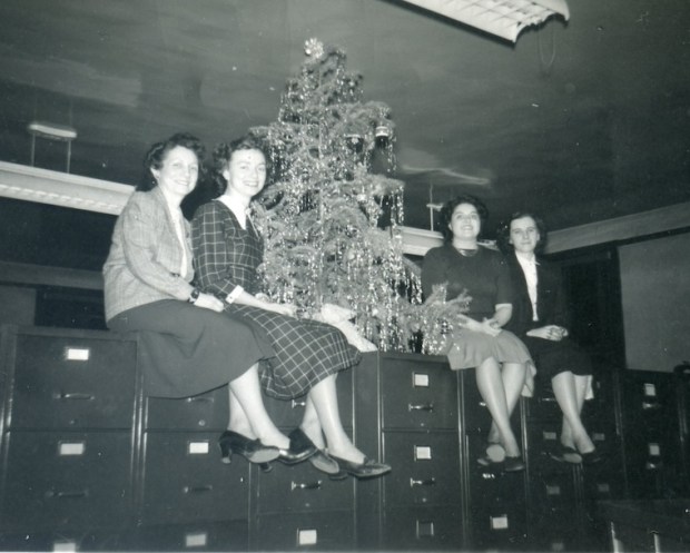 Evelyn Rackmyer, second from left, poses with other women who in the 1950s worked in the Aurora office of the Chicago Burlington and Quincy Railroad (Aurora Historical Society)