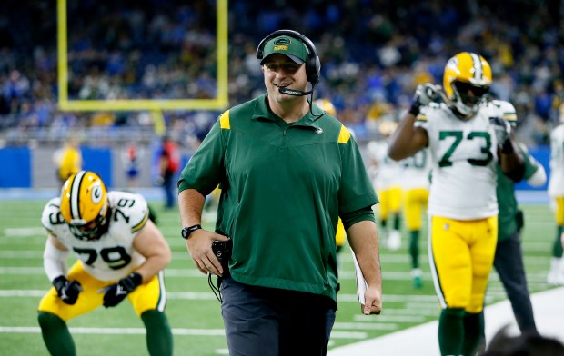 FILE - Offensive line coach Adam Stenavich is shown before an NFL football game against the Detroit Lions, Sunday, Jan. 9, 2022, in Detroit. The Green Bay Packers announced Monday, Jan. 31, 2022, they've promoted Adam Stenavich from offensive line coach to offensive coordinator as they fill the vacancy created when Nathaniel Hackett left to become Denver Broncos head coach. (AP Photo/Duane Burleson, File)