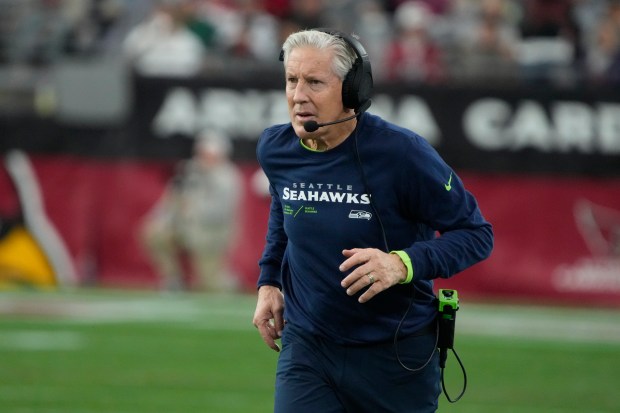 Seahawks coach Pete Carroll during a game against the Cardinals on Jan. 8, 2024, in Glendale, Ariz. (AP Photo/Rick Scuteri)