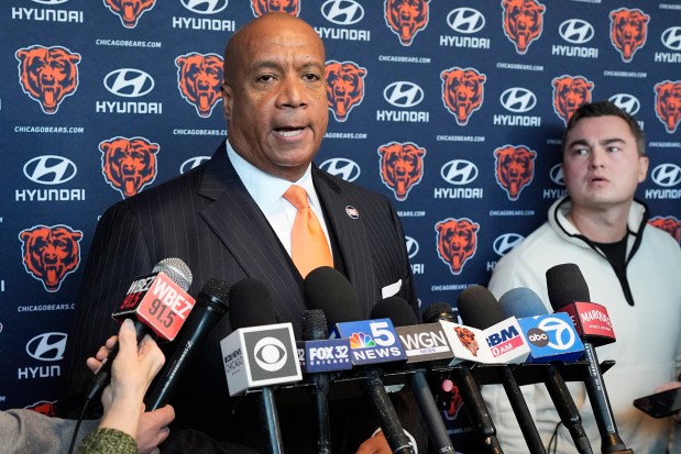 Bears President/CEO Kevin Warren talks to media during a news conference at Halas Hall on Tuesday, Jan. 7, 2025. (AP Photo/Nam Y. Huh)