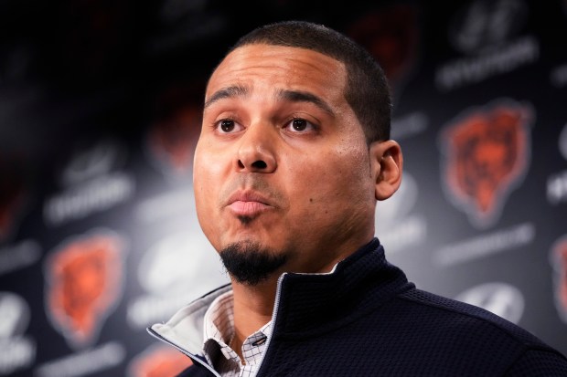 Bears general manager Ryan Poles listens to reporters during a news conference Tuesday, Jan. 7, 2025, at Halas Hall in Lake Forest. (AP Photo/Nam Y. Huh)