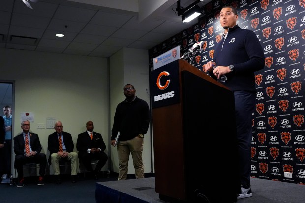 Bears General Manager Ryan Poles listens to reporters at Halas Hall on Jan. 7, 2025. (AP Photo/Nam Y. Huh)