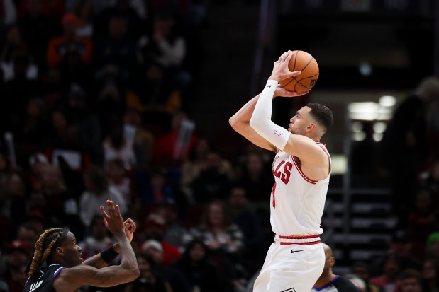 Bulls guard Zach LaVine goes up for a shot while guarded by Kings guard Keon Ellis during the fourth quarter Sunday, Jan. 12, 2025, at the United Center. (Eileen T. Meslar/Chicago Tribune)