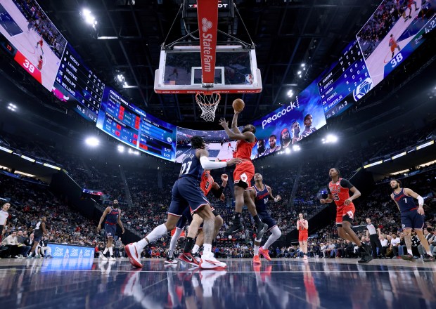 Bulls' Patrick Williams scores in front of the Clippers' Kevin Porter Jr. during the 112-99 win at Intuit Dome on Jan. 20, 2025 in Inglewood, Calif. (Photo by Harry How/Getty Images)