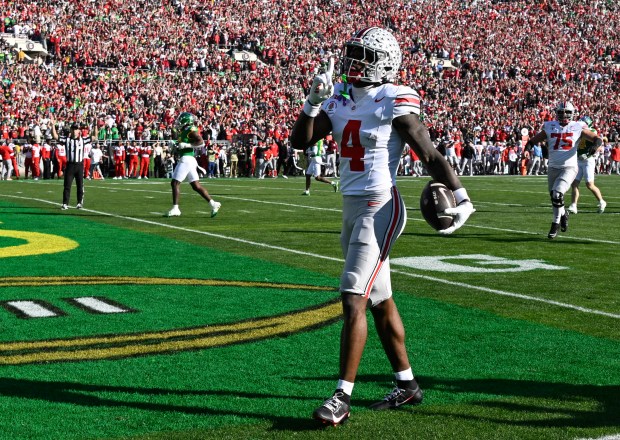 Ohio State wide receiver Jeremiah Smith reacts after a touchdown against Oregon Ducks in the first half of the Rose Bowl on Jan. 1, 2025. (Photo by Keith Birmingham, Orange County Register/ SCNG)