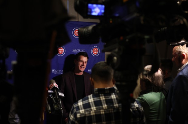 Cubs manager Craig Counsell answers reporters' questions at the Loews Chicago Downtown Hotel before the opening ceremony for the Cubs Convention at the Sheraton Grand Chicago Riverwalk on Jan. 17, 2025. (John J. Kim/Chicago Tribune)