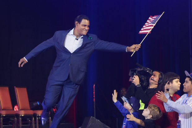 Cubs slugger Sammy Sosa returns to Chicago and is introduced during the opening ceremony of the Cubs Convention at the Sheraton Grand Chicago Riverwalk on Jan. 17, 2025. (John J. Kim/Chicago Tribune)