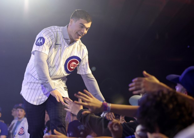 Third-base prospect Matt Shaw is introduced during the opening ceremony of the Cubs Convention on Jan. 17, 2025, at the Sheraton Grand Chicago Riverwalk. (John J. Kim/Chicago Tribune)