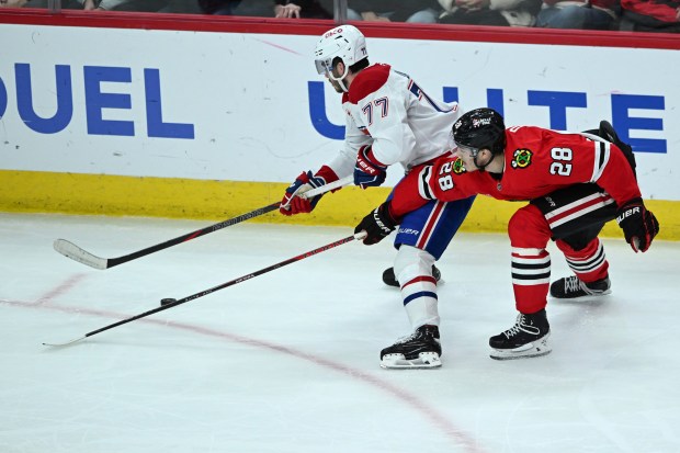 Blackhawks' Colton Dach battles the Canadiens' Kirby Dach for the puck during the second period on Jan. 3, 2025. (AP Photo/Paul Beaty)