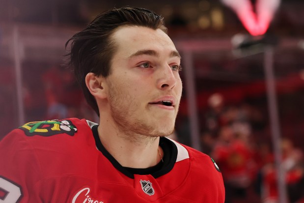 Colton Dach skates his "rookie lap" prior to his NHL debut against the Canadiens at the United Center on Jan. 3, 2025. (Photo by Michael Reaves/Getty Images)