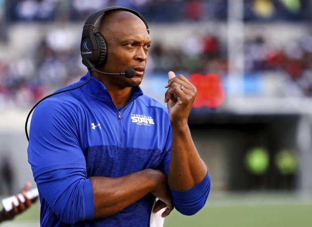 Tennessee State head coach Eddie George watches from the sidelines during the Southern Heritage Classic game against Jackson State in Memphis, Tenn., on Saturday, Sept. 11, 2021. (Patrick Lantrip/Daily Memphian via AP)