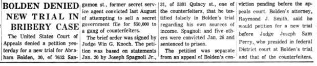 Former Secret Service agent Abraham Bolden's request for a new trial was denied in Feb. 1965, though one of the key witnesses in his trial admitted to lying on the witness stand. (Chicago Tribune)