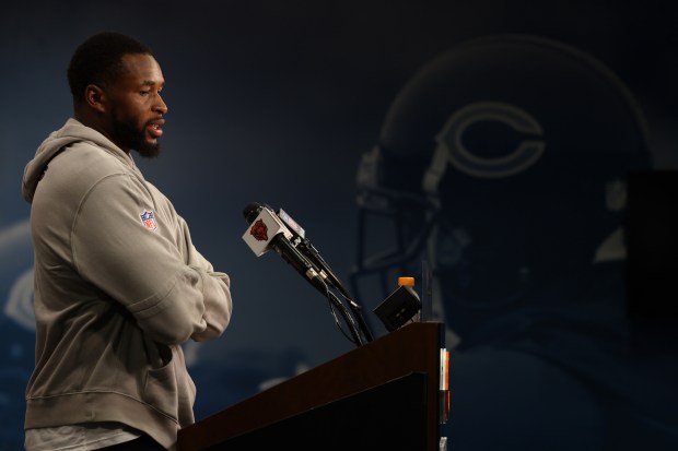 Bears safety Kevin Byard speaks with the media after a joint training camp practice with the Bengals on Aug. 15, 2024, at Halas Hall in Lake Forest. (Stacey Wescott/Chicago Tribune)