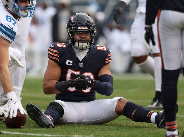 Bears linebacker T.J. Edwards gets up from a tackle against the Lions on Dec. 22, 2024, at Soldier Field. (Brian Cassella/Chicago Tribune)