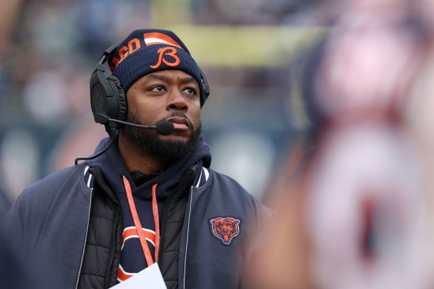 Bears interim coach Thomas Brown watches a game against the Lions on Dec. 22, 2024, at Soldier Field. (Brian Cassella/Chicago Tribune)