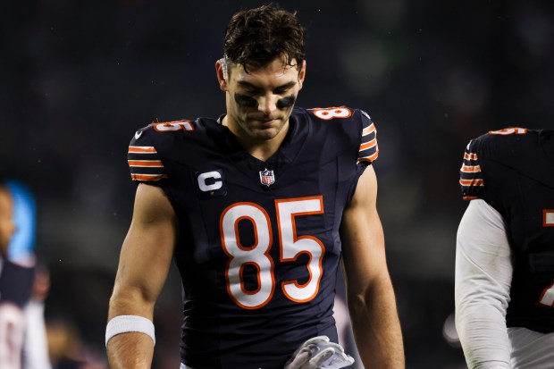 Bears tight end Cole Kmet walks off the field after a loss to the Seahawks on Dec. 26, 2024, at Soldier Field. (Eileen T. Meslar/Chicago Tribune)