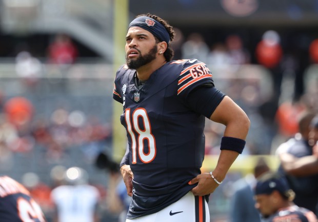 Bears quarterback Caleb Williams prepares to face the Titans on Sept. 8, 2024, at Soldier Field. (Brian Cassella/Chicago Tribune)