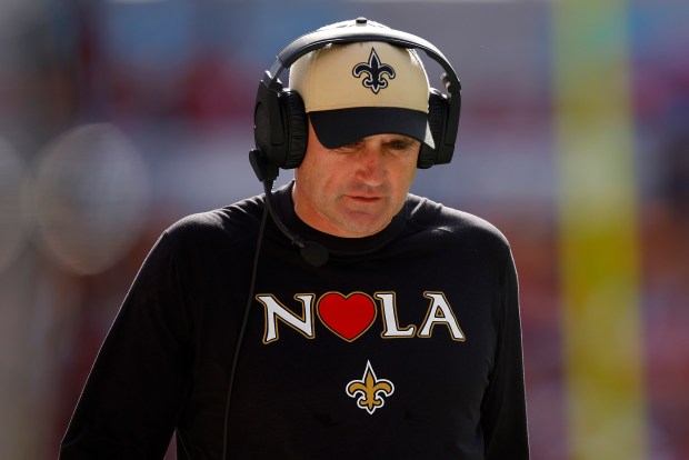 Saints coach Darren Rizzi walks the sideline during a game against the Buccaneers on Jan. 5, 2025, in Tampa, Fla. (Mike Ehrmann/Getty Images)