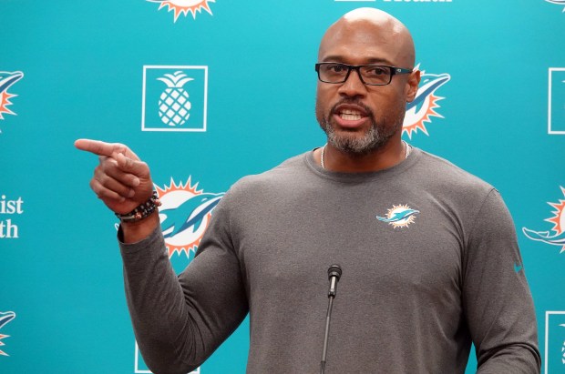 Dolphins defensive coordinator Anthony Weaver speaks to the media Nov. 14, 2024, in Miami Gardens, Fla. (Joe Cavaretta/South Florida Sun Sentinel)