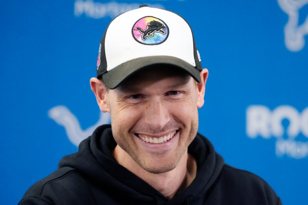 Lions offensive coordinator Ben Johnson addresses the media at the team's training facility Jan. 11, 2024, in Allen Park, Mich. (AP Photo/Carlos Osorio)