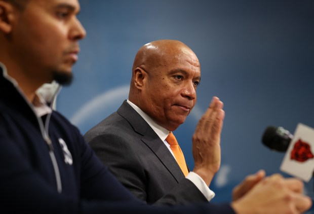 Chicago Bears general manager Ryan Poles, left, and Chicago Bears President Kevin Warren, right, field questions from the media following last week's loss to the Lions and the firing of head coach Matt Eberflus at Halas Hall on Dec. 2, 2024, in Lake Forest. (Stacey Wescott/ Chicago Tribune)