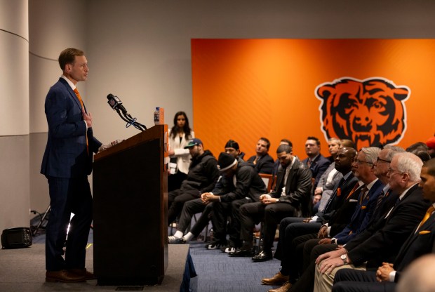 New Chicago Bears coach Ben Johnson speaks after being introduced Wednesday, Jan. 22, 2025, at Halas Hall. (Brian Cassella/Chicago Tribune)