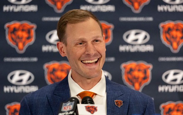 New Bears coach Ben Johnson speaks after being introduced on Jan. 22, 2025, at Halas Hall. (Brian Cassella/Chicago Tribune)