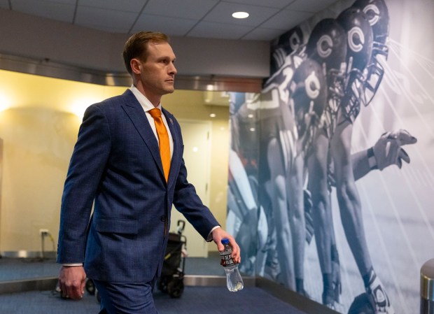 New Chicago Bears coach Ben Johnson arrives to be introduced Wednesday, Jan. 22, 2025, at Halas Hall. (Brian Cassella/Chicago Tribune)