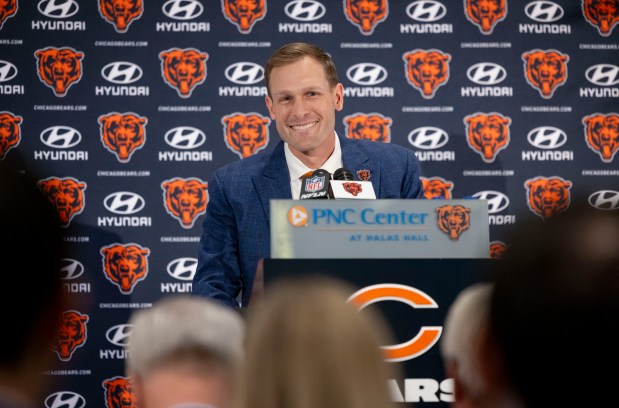 New Chicago Bears coach Ben Johnson speaks after being introduced Wednesday, Jan. 22, 2025, at Halas Hall. (Brian Cassella/Chicago Tribune)