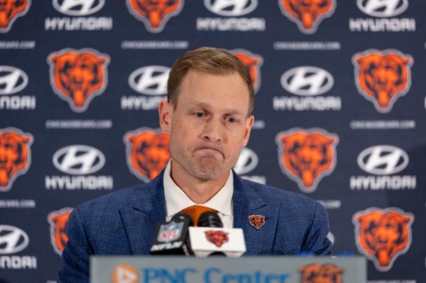 New Bears coach Ben Johnson speaks after being introduced Wednesday, Jan. 22, 2025, at Halas Hall. (Brian Cassella/Chicago Tribune)