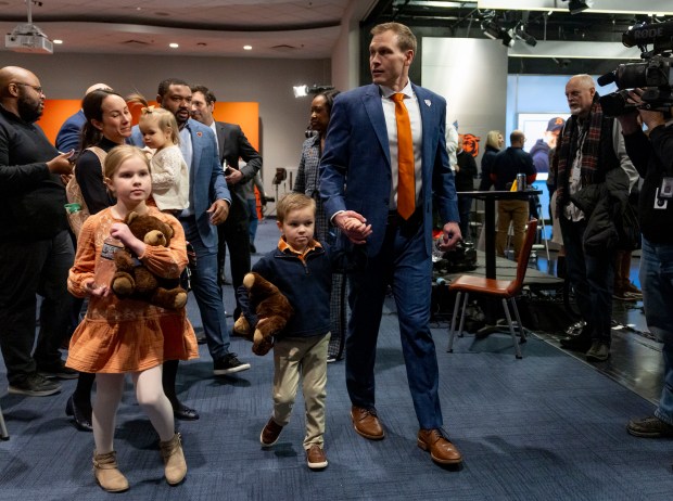 New Chicago Bears coach Ben Johnson departs with his wife, Jessica, and children Emory, Halley and Kennedy after being introduced Wednesday, Jan. 22, 2025, at Halas Hall. (Brian Cassella/Chicago Tribune)