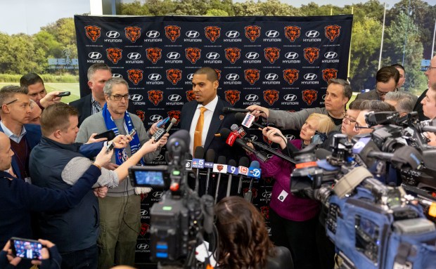 General manager Ryan Poles speaks after introducing new Bears coach Ben Johnson on Wednesday, Jan. 22, 2025, at Halas Hall. (Brian Cassella/Chicago Tribune)