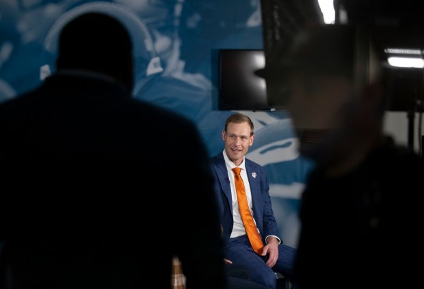 New Chicago Bears coach Ben Johnson does interviews after being introduced Wednesday, Jan. 22, 2025, at Halas Hall. (Brian Cassella/Chicago Tribune)