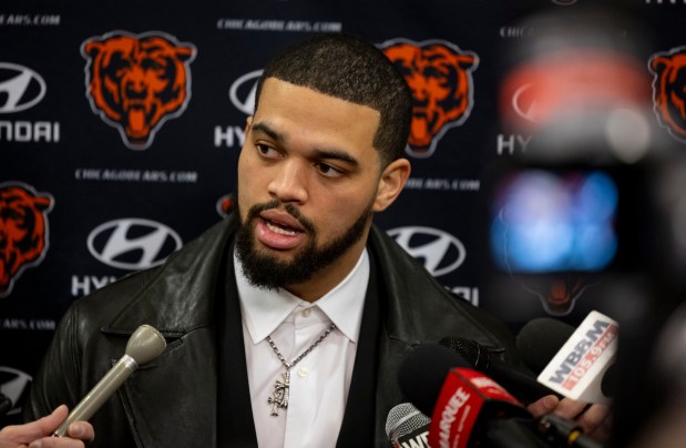 Quarterback Caleb Williams speaks after new Chicago Bears coach Ben Johnson was introduced Wednesday, Jan. 22, 2025, at Halas Hall. (Brian Cassella/Chicago Tribune)