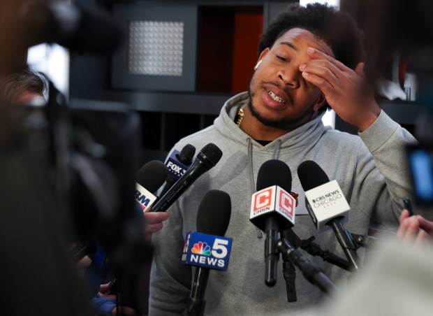 Chicago Bears defensive end DeMarcus Walker (95) speaks with the media in the locker room at Halas Hall on Jan. 6, 2025 in Lake Forest. (Stacey Wescott/Chicago Tribune)