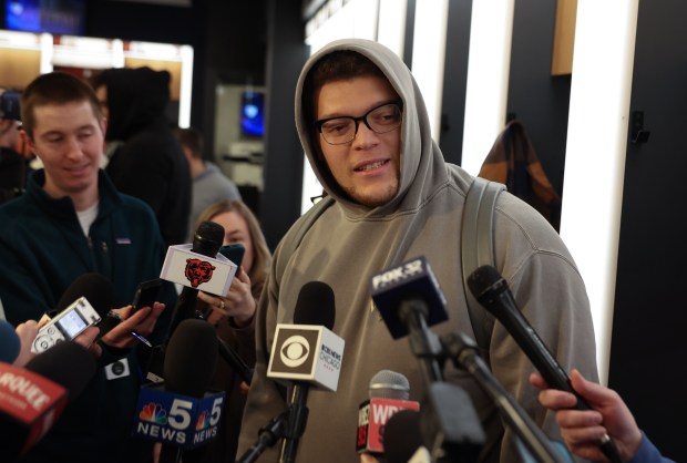 Chicago Bears guard Teven Jenkins (76) speaks with the media about his season and possible return next year as he cleans out his locker at Halas Hall on Jan. 6, 2025 in Lake Forest. (Stacey Wescott/Chicago Tribune)