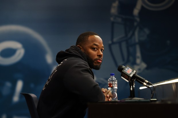 Chicago Bears head coach Thomas Brown speaks with the media about his season with the Chicago Bears at Halas Hall on Jan. 6, 2025 in Lake Forest. (Stacey Wescott/Chicago Tribune)